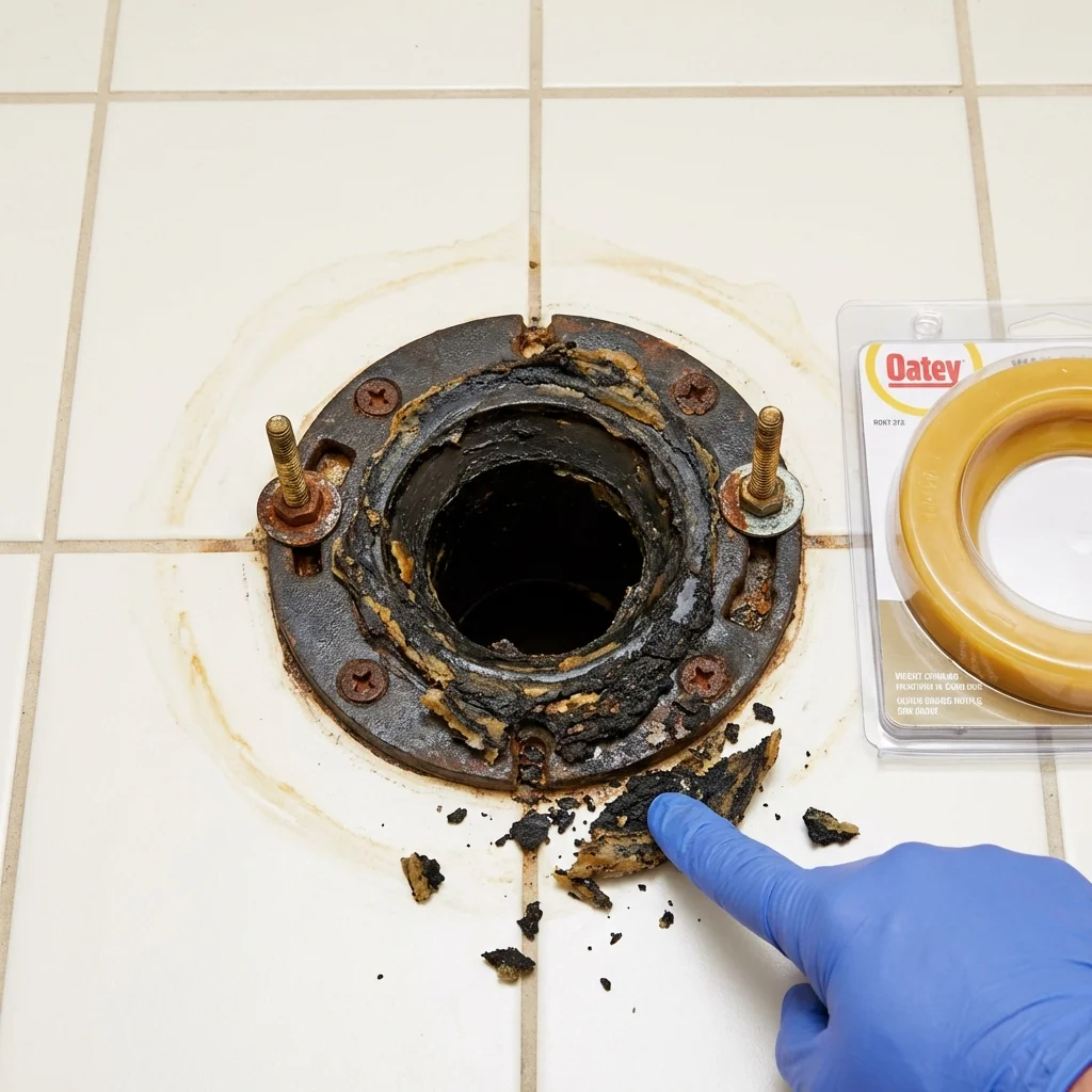 Failed wax ring showing water seepage at the base of a toilet in a Breckenridge, MI home