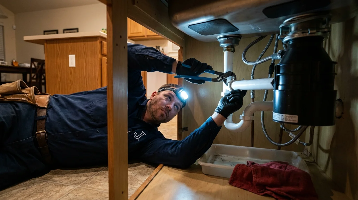 P-trap and supply line connections under a kitchen sink showing a common leak point in Breckenridge, MI